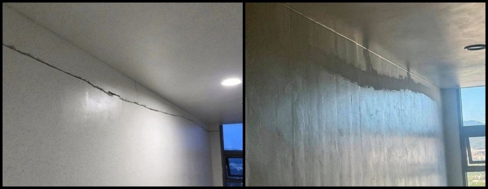 올림픽파크포레온에서 발생한 균열(왼쪽), 보수작업 완료(오른쪽)./사진=커뮤니티