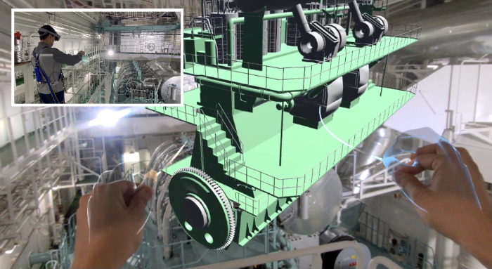 XR기술(갤럭시XR)을 활용해 선박 엔진을 검사하는 모습. /사진제공=삼성중공업