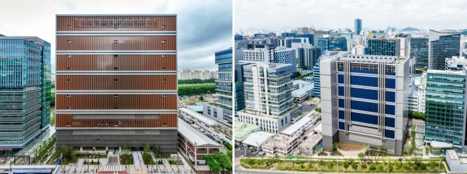 가산 AI 데이터센터 전면 및 후면(태양광 패널) 사진./자료제공=DL건설