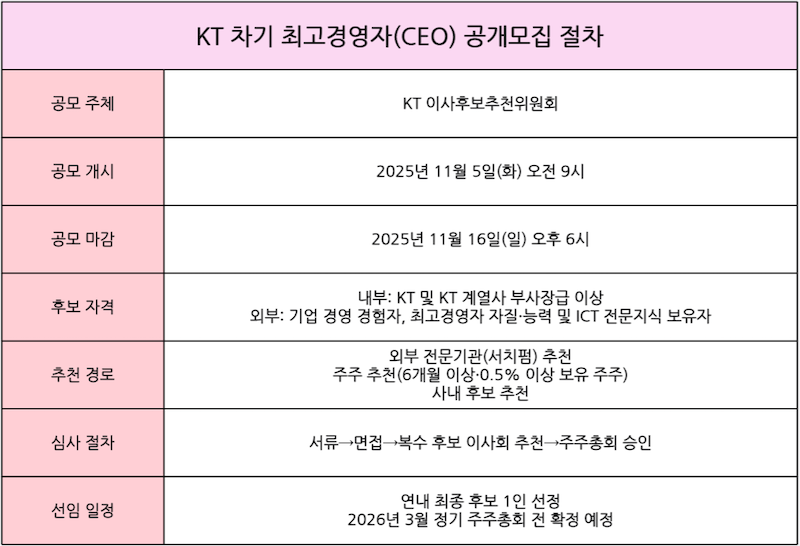 KT 차기 CEO 공개모집 및 선임 절차. / 자료=KT