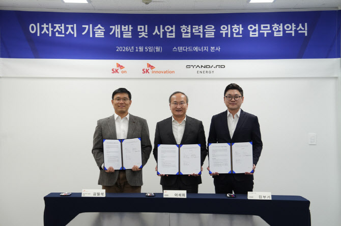 이석희 SK온 사장(가운데), 김필석 SK이노베이션 환경과학기술원장(왼쪽)과 김부기 스탠다드에너지 대표가 5일 대전 대덕구 스탠다드에너지 본사에서 ‘이차전지 기술 개발 및 사업 협력을 위한 업무협약식’ 체결 후 기념 촬영을 하고 있다. / 사진=SK온