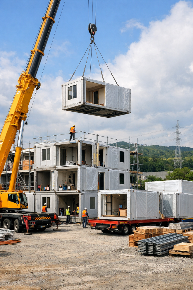 모듈러 공법 중인 가상의 건설 현장./사진제공=AI생성 이미지