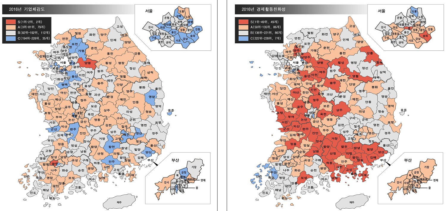 2016년 기업체감도 지도와 경제활동친화도 지도. 규제지도는 전체를 5개 등급(S-A-B-C-D)로 구분한 후 기업환경이 좋을수록(S․A등급) 따뜻한 주황색에 가깝게, 나쁠수록(C․D등급) 차가운 파란색에 가깝게 표현했다.