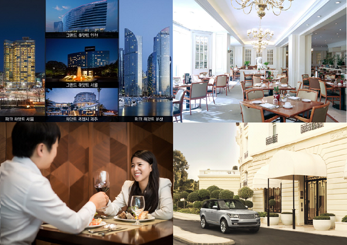 (시계 좌측방향부터) 국내하얏트호텔, 그랜드힐튼 서울 뷔페 레스토랑, 임피리얼 팰리스 서울 호텔 ‘시티 드라이빙 패키지’, 그랜드 앰배서더 서울 ‘로맨틱 디너’