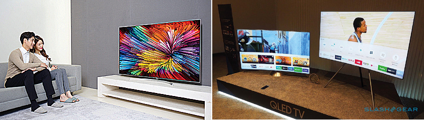 ▲ 왼쪽부터 LG전자 슈퍼 울트라HD TV, 삼성 QLED.