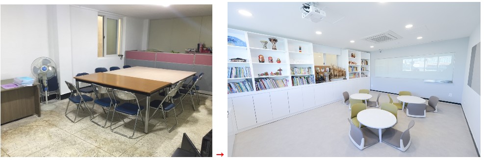 경남 이주여성인권센터 상담실 개선 전후. 아모레퍼시픽그룹 제공