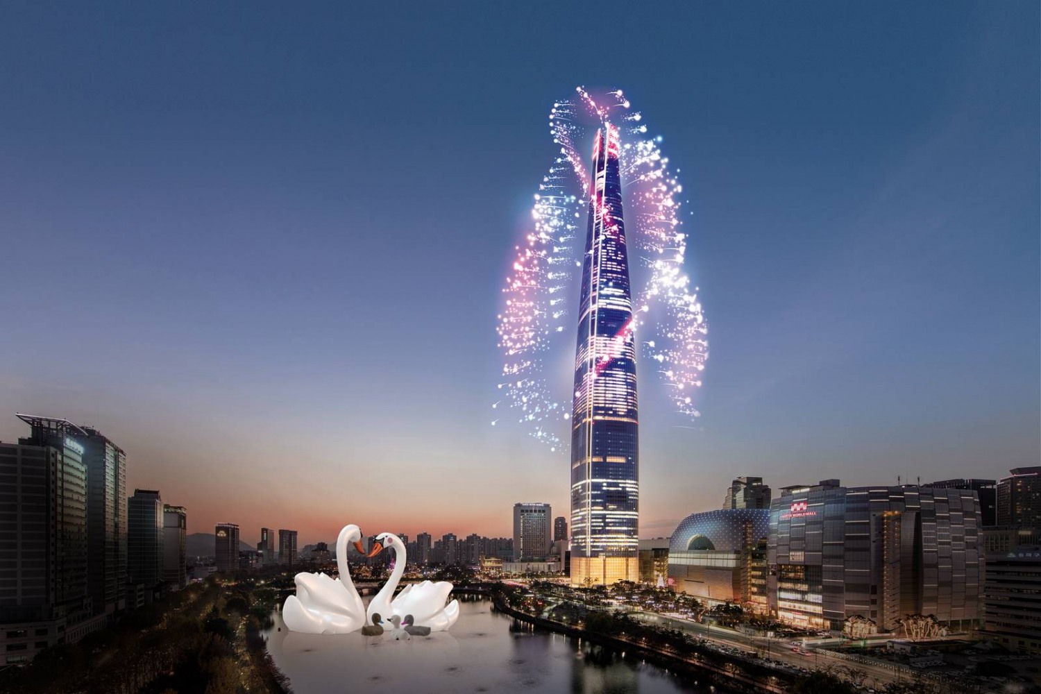 스위트 스완 프로젝트와 롯데월드타워 불꽃축제 조감도. 롯데물산 제공