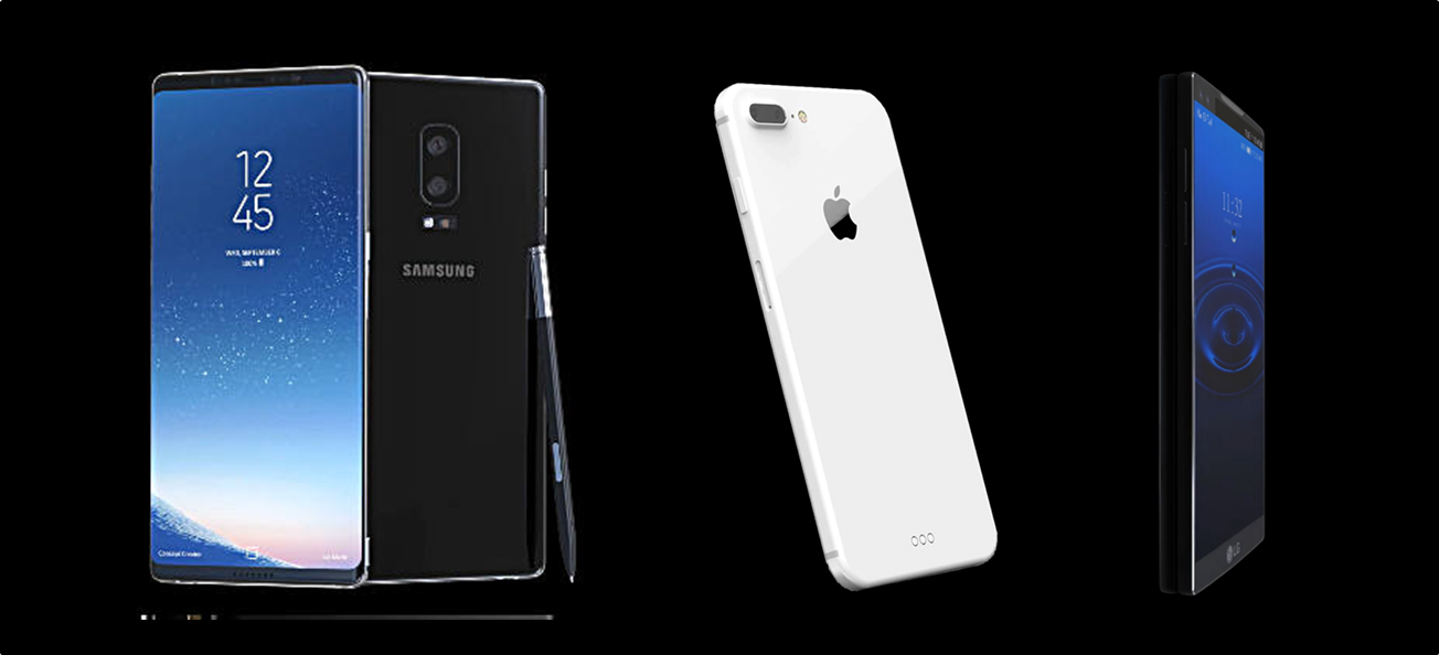 △ 왼쪽부터 갤럭시 노트8, 아이폰8, V30 추정 디자인