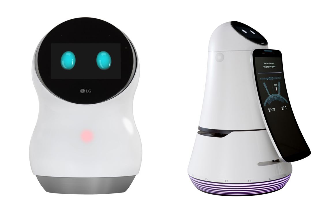 △가정용 허브로봇(왼쪽)과 공항 안내로봇(오른쪽) /사진제공=LG전자