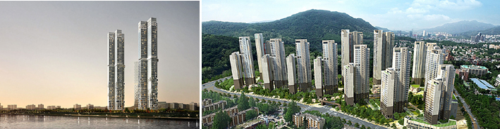 ▲ 오는 28일 분양을 시작하는 서울 성동구 성수동 뚝섬지구 대림산업 ‘아크로 서울포레스트’ 조감도. 사진 제공 = 대림산업 ▲ 지난달 8일 분양을 시작한 서울 강남구 개포동 개포주공 3단지 재건축 아파트 현대건설 ‘디에이치 아너힐즈’. 사진 제공 = 현대건설