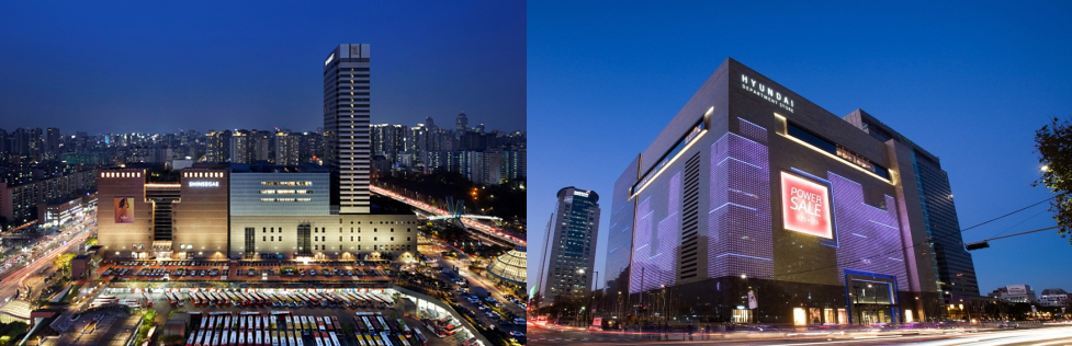 신세계면세점과 현대백화점면세점이 각각 들어설 예정인 신세계백화점 센트럴시티점(좌)과 현대백화점 무역센터점(우). 각사제공