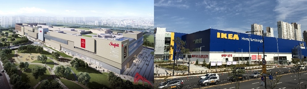 스타필드 고양(좌)과 롯데아울렛·이케아 고양점. 각사 제공