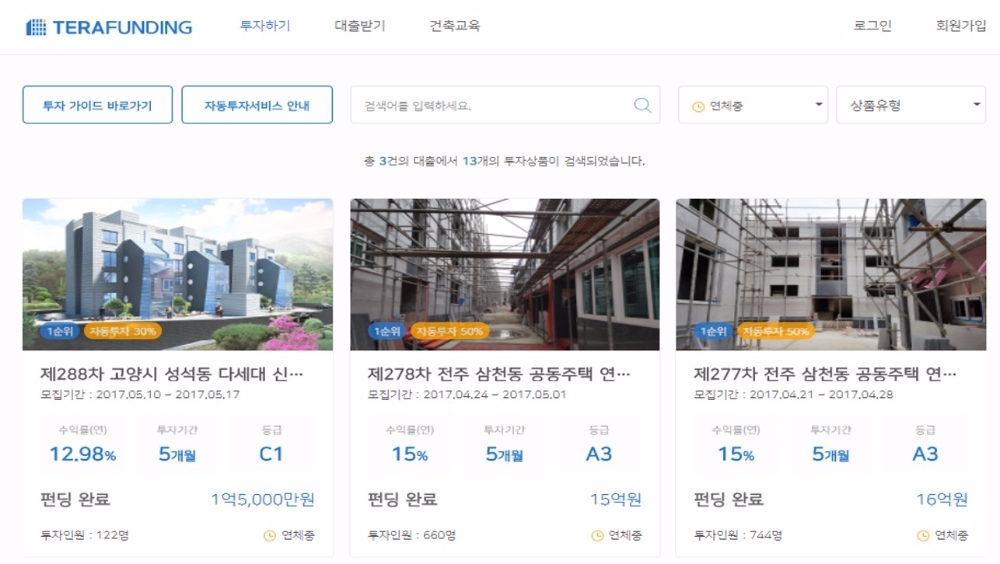 △테라펀딩 홈페이지 연체상품 현황 캡쳐