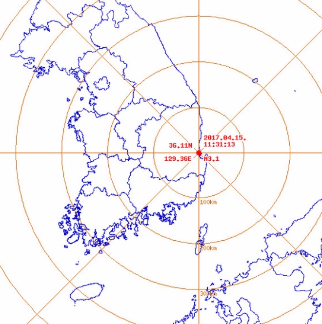 15일 오전 11시 31분 13초에 경북 포항에서 진도 3.1 규모의 지진이 발생했다. 사진=기상청.