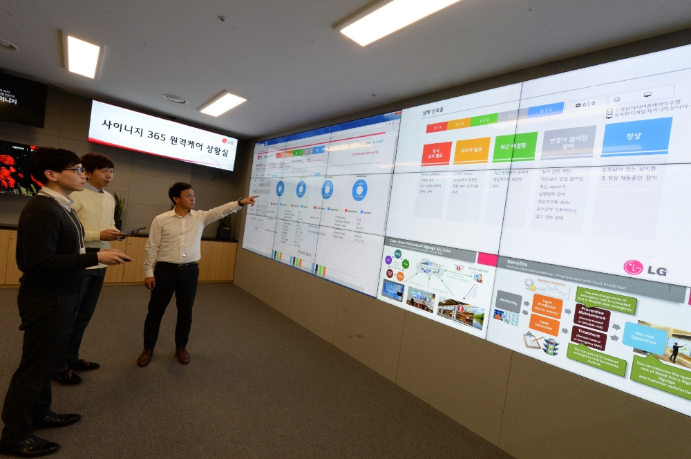 △LG전자가 글로벌 시장에서 운영 중인 디지털 사이니지를 원격으로 실시간 통합관제할 수 있는 ‘사이니지 365 원격 케어 상황실’을 7일 서울 가산동에 오픈, 상업용 디스플레이 관제사업의 글로벌 확산을 본격화 한다