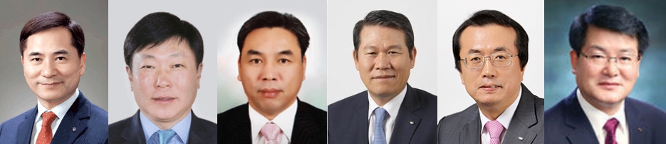 26일 1차 서류심사 결과 차기 대구은행장 예비후보자로 선정된 6인. (왼쪽부터) 김경룡 DGB금융지주 부사장, 박명흠 대구은행 부행장, 노성석 전 DGB금융지주 부사장, 임환오 전 DGB대구은행 부행장, 문홍수 DGB데이터시스템 부사장, 최민호 대경TMS 대표이사