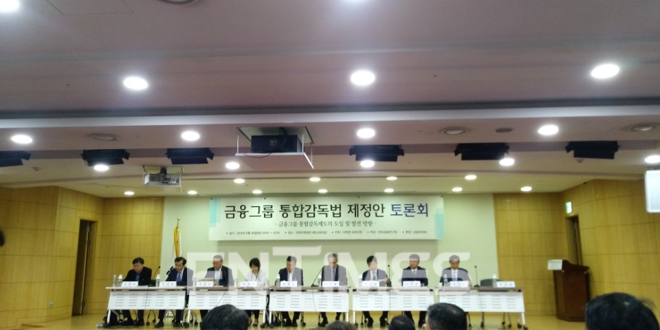 26일 금융연구원 주관으로 국회 의원회관에서 열린 '금융그룹 통합감독법 제정안 토론회'에서 참석자들이 제도 도입과 발전방향에 대해 토론하고 있다.