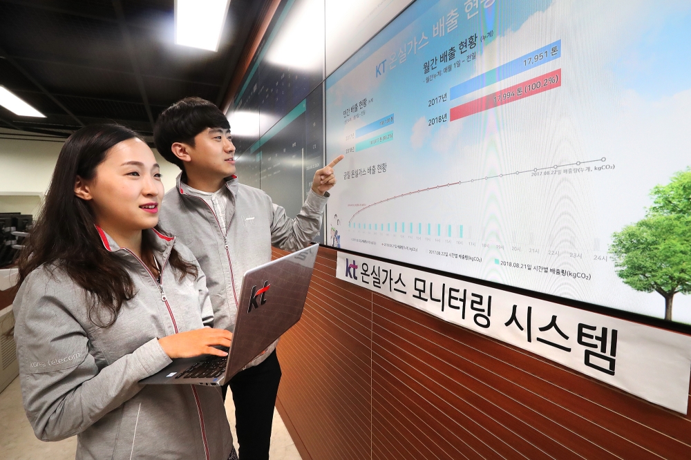 △과천에 위치한 KT INS운용센터에서 직원들이 온실가스 모니터링 시스템을 이용해 실시간 온실가스 배출현황을 모니터링 하는 모습
