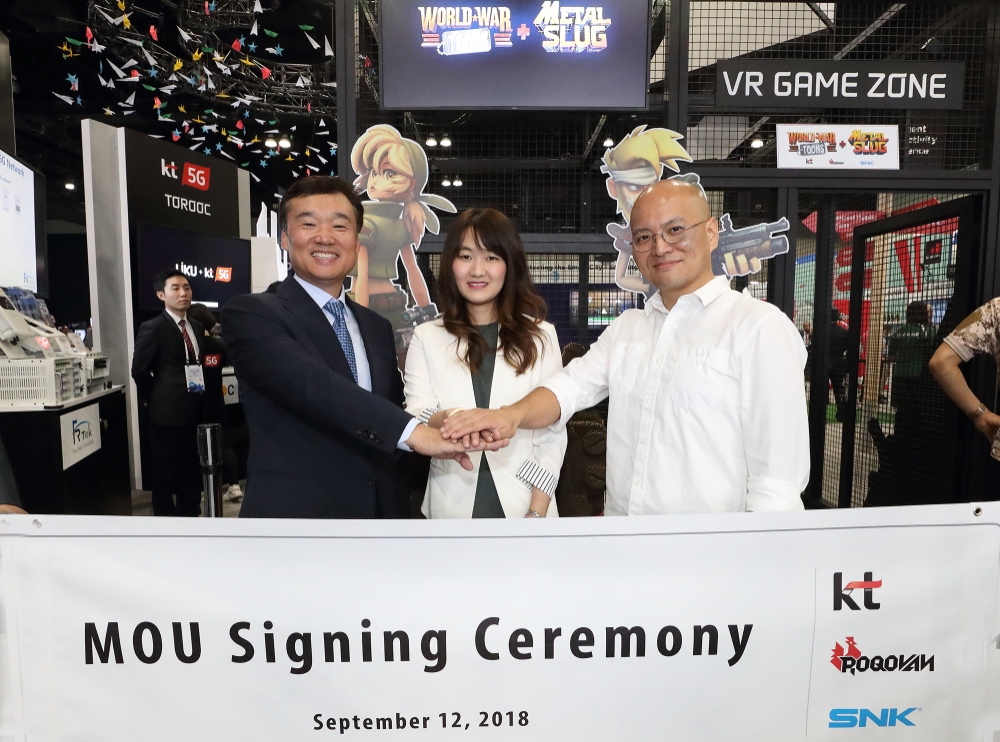 △(왼쪽부터) 윤경림 KT 미래융합사업추진실장, 샌디 리(Sandy Li) SNK Corp. 프로젝트 매니저(PM), 제임스 정(James Chung) 로코반 스튜디오 대표 / 사진=KT
