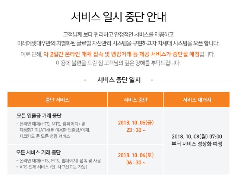 미래에셋대우가 오는 8일 차세대 시스템 오픈을 앞두고 금융서비스를 순차적으로 일시 중단한다. 사진=미래에셋대우 홈페이지 캡처