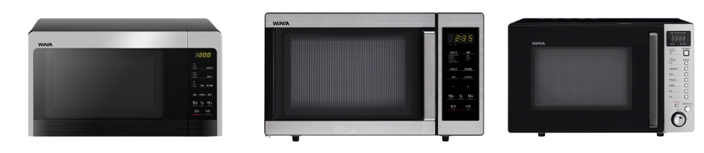△위니아 전자레인지 3종 사진. 왼쪽부터 일반형 2종 20리터, 23리터와 복합오븐 24리터. / 사진=대유위니아