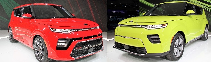 2018 LA오토쇼서 공개한 신형 쏘울(왼쪽)과 쏘울EV. 출처=기아차.