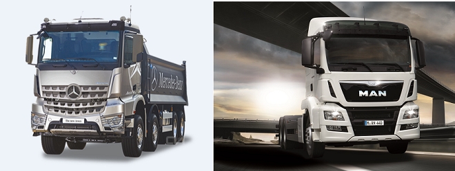 다임러코리아 덤프트럭(왼쪽)과 만트럭버스코리아의 카고트럭.
