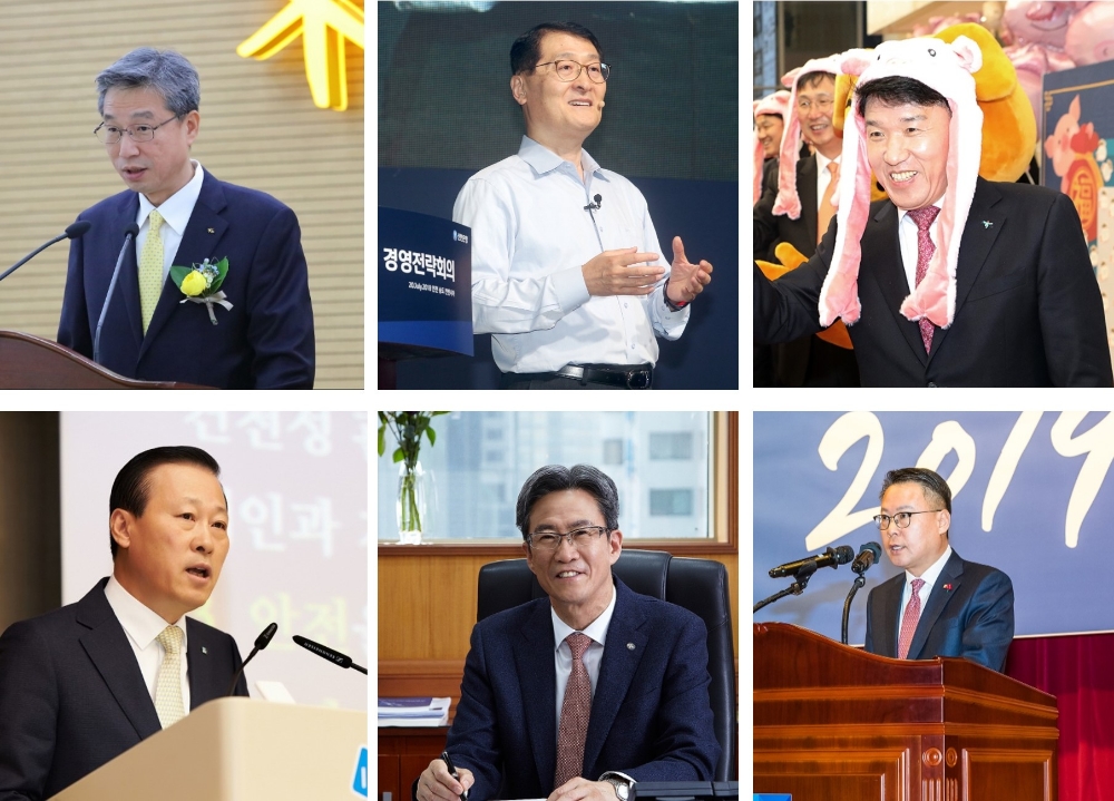 (왼쪽부터 시계방향으로) 허인 KB국민은행장, 위성호 신한은행장, 함영주 KEB하나은행장, 송종욱 광주은행장, 이동빈 수협은행장, 김도진 IBK기업은행장./사진=각 사