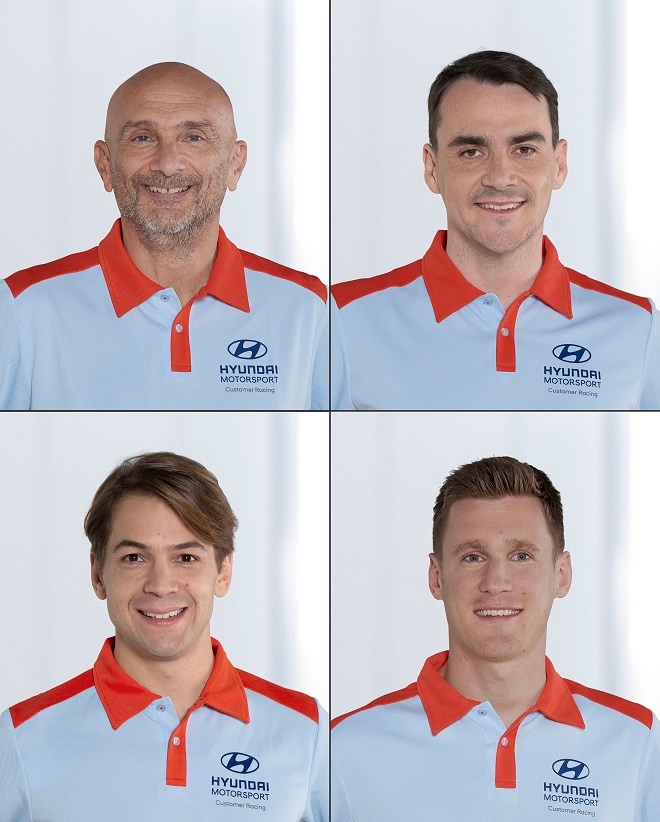 2019 WTCR 출전 현대 커스터머 레이싱 드라이버 라인업. 1열(좌로부터) ‘가브리엘 타퀴니(Gabriele Tarquini)’, ‘노버트 미첼리즈(Norbert Michelisz)’. 2열(좌로부터) ‘아우구스토 파푸스(Augusto Farfus)’, ‘니키 캣츠버그(Nicky Catsburg)’.