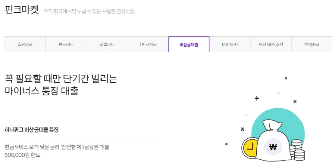 현재 핀크가 홈페이지와 모바일 애플리케이션에서 선보이는 '비상금대출' 상품. / 사진 = 핀크 홈페이지 갈무리