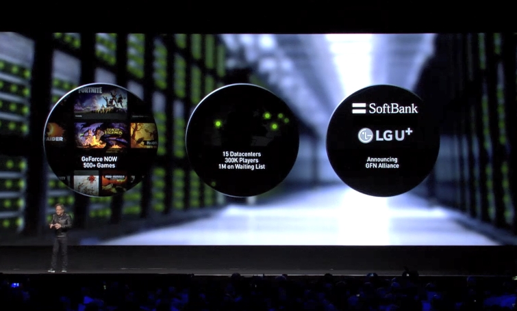 △젠슨 황 엔비디아 CEO가 미국 캘리포니아 산호세에서 열린 GTC 2019에서 지포스 나우의 첫 번째 협력 통신사 중 하나로 LG유플러스를 소개하고 있다/사진=LG유플러스