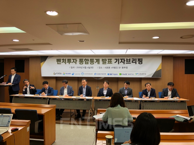 (좌측부터)한국벤처캐피탈협회 이기백 부장, 한국벤처캐피탈협회 김종술 상무, 여신금융협회 이태운 본부장, 금융감독원 이경식 국장, 농업정책보험금융원 정성봉 본부장, 산업은행 이응주 실장, 기업은행 황인근 팀장, 기술보증기금 황태식 센터장, 신용보증기금 김양래 센터장. / 사진 = 한국벤처캐피탈협회