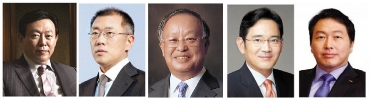 (왼쪽부터)신동빈 롯데 회장, 정의선 현대차 부회장, 손경식 CJ 회장, 이재용 삼성전자 부회장, 최태원 SK 회장.