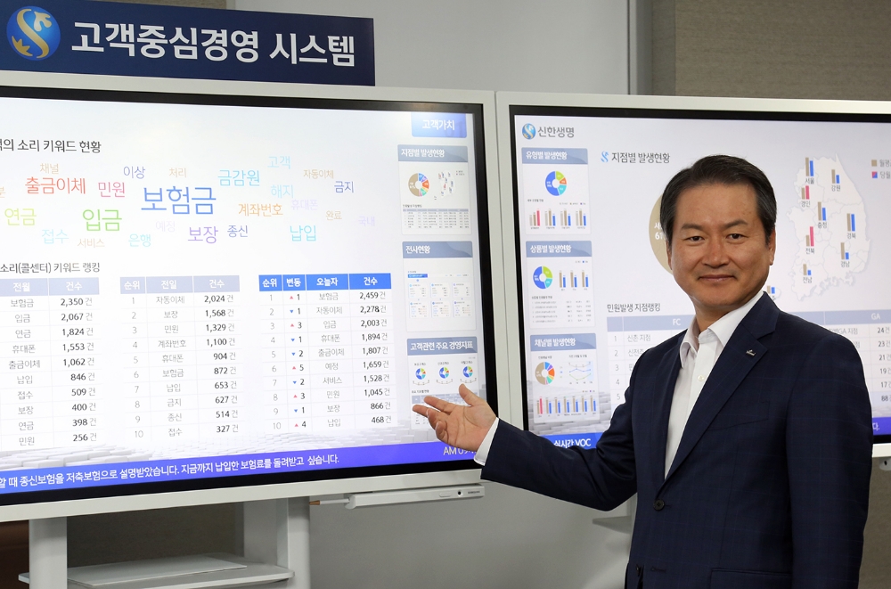 △ 성대규 신한생명 사장이 집무실에 설치된 ‘고객의 소리 모니터링 대시보드’를 직원들에게 설명하고 있는 모습 / 사진=신한생명