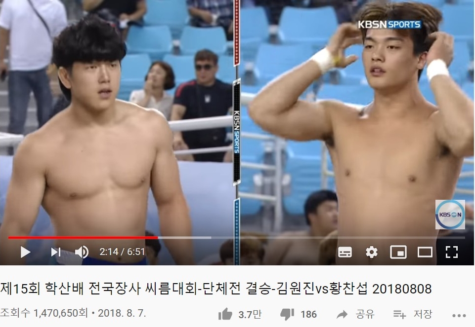 △ 유튜브 속 제15회 학산배 전국장사 씨름대회 단체전 결승 영상이 약 150만 건의 조회수를 기록하고 있다/사진=오승혁 기자(자료 편집)