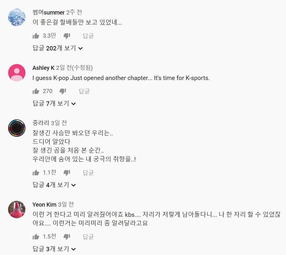 △ 씨름 경기 영상에 최근 달린 댓글 중 일부, 씨름에 대한 새로운 관심 등이 읽힌다/사진=오승혁 기자(자료 편집)