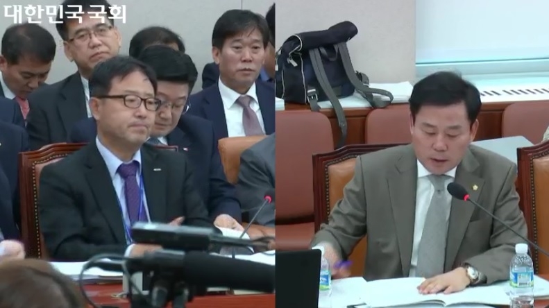 정윤모 기술보증기금 이사장(왼쪽)이 16일 산업통상자원중소벤처기업위원회 국정감사에서 질의에 답하고 있다./사진=국회 의사중계시스템 갈무리