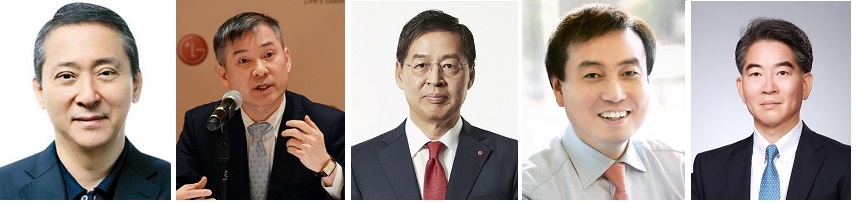 (왼쪽부터) 권영수 LG 부회장, 하현회 LG유플러스 부회장, 신학철 LG화학 부회장, 차석용 LG생활건강 부회장, 정호영 LG디스플레이 사장.