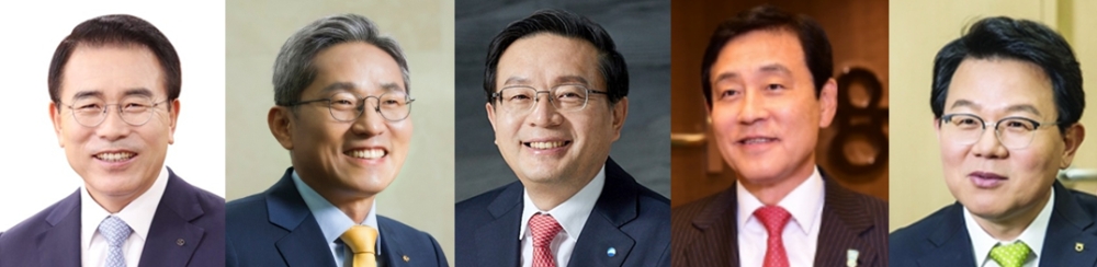 (왼쪽부터) 조용병 신한금융지주 회장, 윤종규 KB금융지주 회장, 손태승 우리금융지주 회장, 김정태 하나금융지주 회장, 김광수 NH농협금융지주 회장 / 사진= 각사