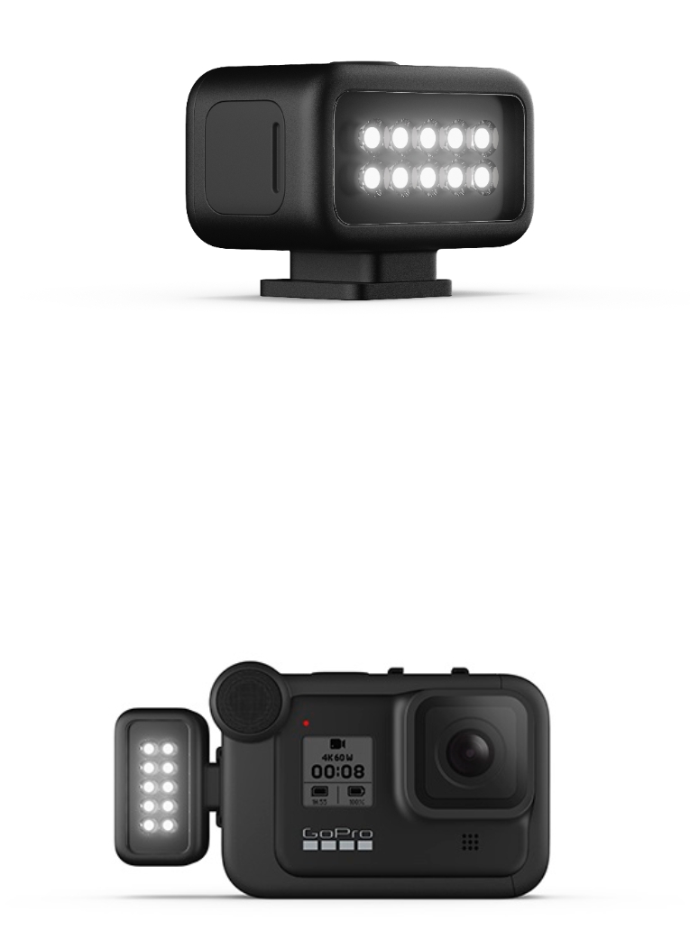 고프로의 조명 모듈(상), 조명 모듈을 고프로 히어로8 블랙 기기에 장착한 모습/사진=고프로