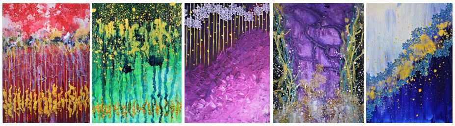 ▲이현진. 꽃비를 맞다. 한지에 옻칠.1호x5.2019