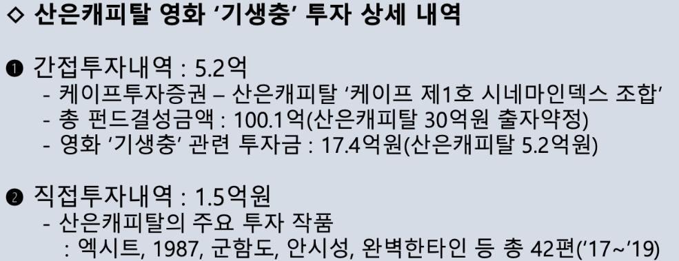 △ 산은캐피탈의 영화 기생충 투자 상세 내역. /자료=산업은행