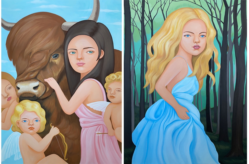 (좌)황슬, 돌아보는 여인, 캔버스에 아크릴, 116.8×91.0㎝, 2020 , (우)황슬, 황소와 여인, 캔버스에 아크릴, 116.8×91.0㎝, 2020