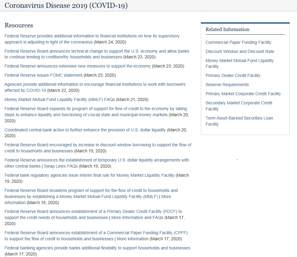 연준은 최근 코로나19 대응과 관련해 다양한 조치들을 쏟아냈다. 출처: 연준 홈페이지