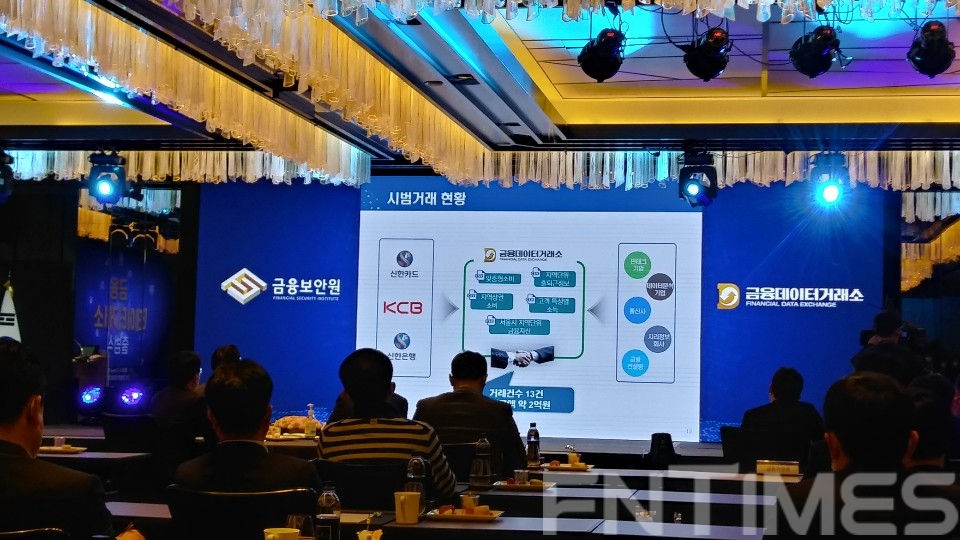 2020년 5월 11일 서울 포시즌스 호텔에서 금융보안원 주최로 열린 '금융 데이터거래소' 출범식에서 시범거래 현황이 소개되고 있다. / 사진= 한국금융신문