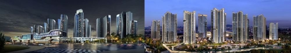 삼성물산과 대우건설이 반포3주구에 제시한 재건축 사업 전체 투시도. 구반포 프레스티지 바이 래미안(좌), 트릴리언트 반포 (우)