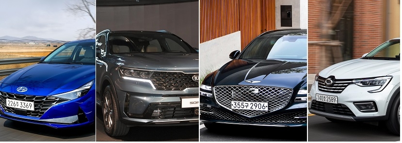 (왼쪽부터)7세대 아반떼, 4세대 쏘렌토, 3세대 G80, XM3.