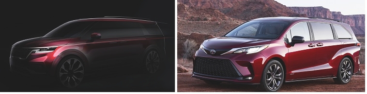 기아 카니발 풀체인지 렌더링(왼쪽)과 토요타 시에나 풀체인지. 사진=각사.