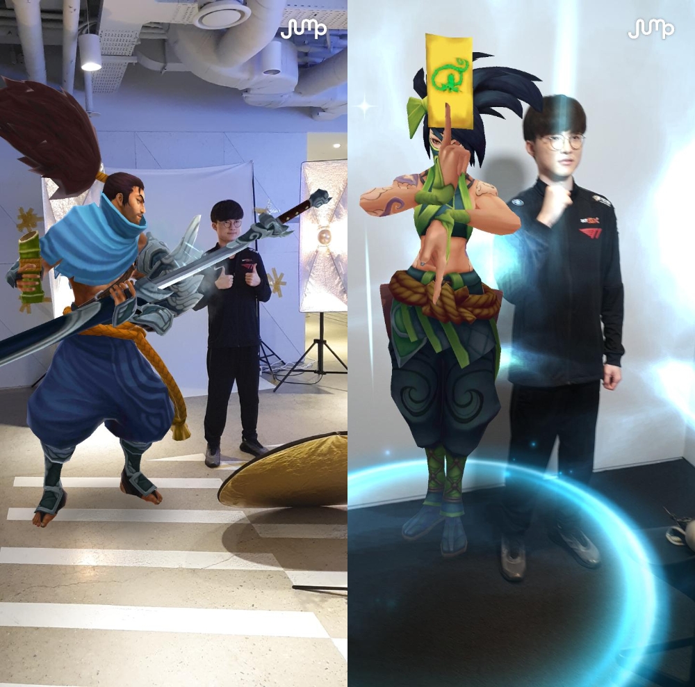 T1 페이커는 최근 LoL 게임 캐릭터인 ‘아칼리’를 만나 익살스러운 표정을 짓는 ‘점프AR’ 기반 동영상을 점프AR 오픈갤러리와 SNS에 올려 수십만의 조회수를 기록해 화제다./사진=SK텔레콤