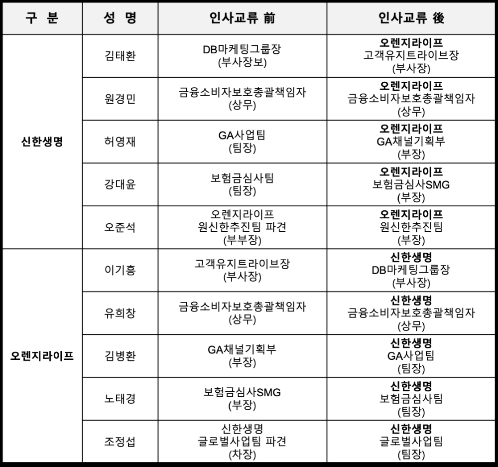 신한생명과 오렌지라이프의 임원 및 부서장 교류 현황. /자료=신한금융그룹